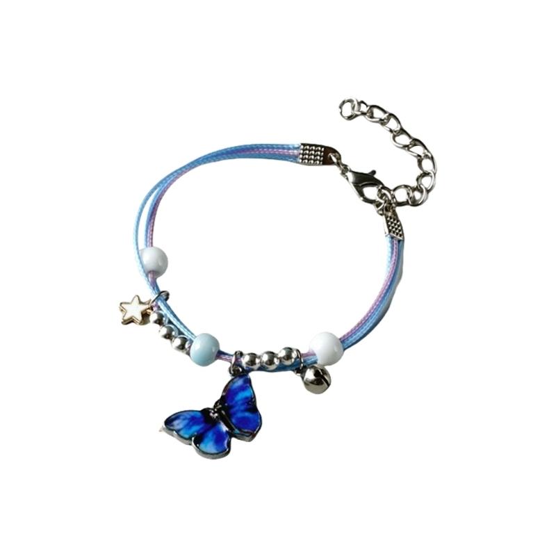 HX6F Ethnic Styles Alloy Butterfly Bracelet Anklet Colorful Handwoven Rope Jewelry