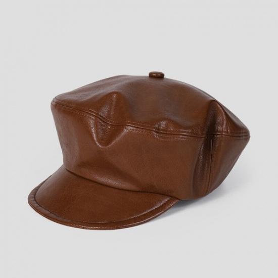 1x Women Faux Leather Captain Sailor Hat Newsboy PU Cabbie Baker Boy Fiddler Cap