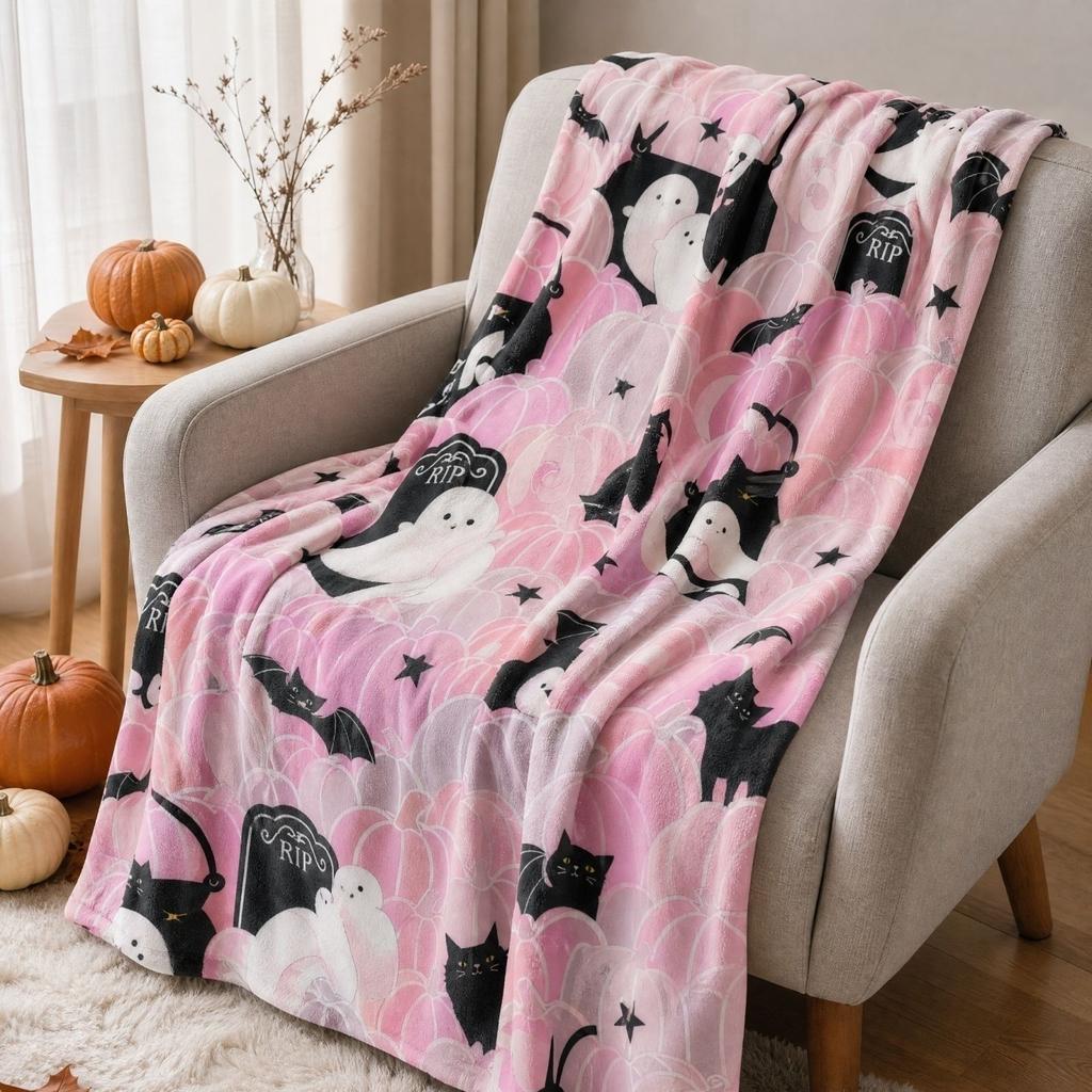 Halloween Flannel Throw Blanket with Pumpkin Print, 150*130cm, Soft Cozy Blanket for Couch Home Nap