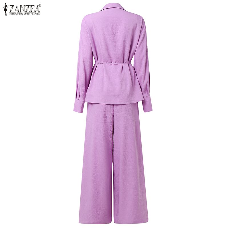 ZANZEA Bluzka z długim rękawem i spodnie damskie, casualowe dwuczęściowe zestawy garniturowe