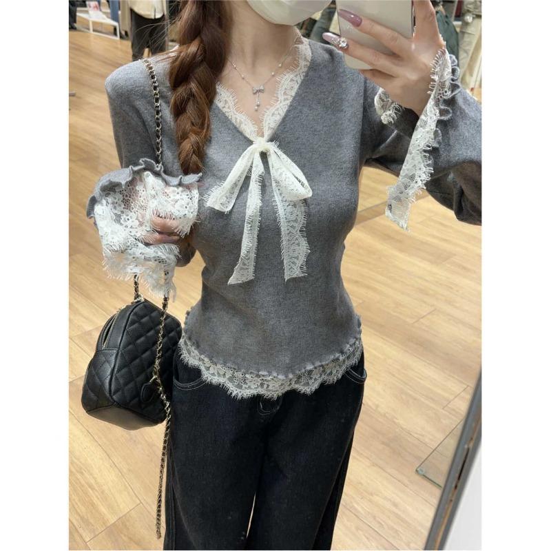 Sweet and spicy neck lace knitted bottoming shirt women's spring slim-fit inner top temperament versatile sweater