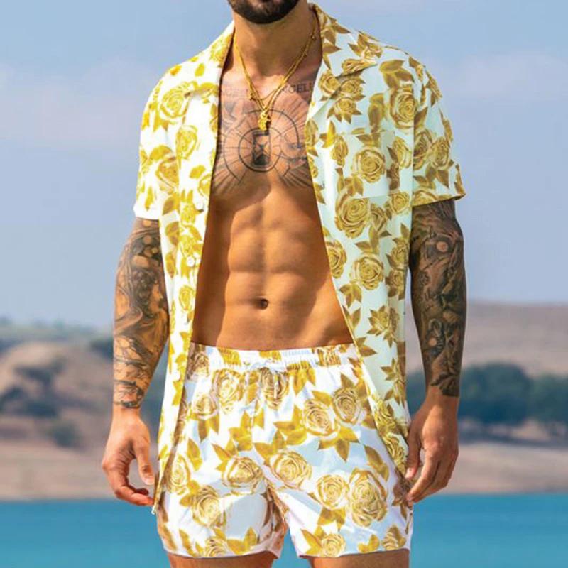 Modisches Sommer Herren Hawaiianischer Druck Lässig Streetwear Knopf Kurzarm und Badeshorts Zweiteiliges Set