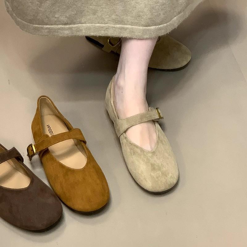 2025 autumn new suede one-word with shallow mouth single shoes fairy fairy style flat-bottomed versatile Mary Jane shoes grandma shoes
