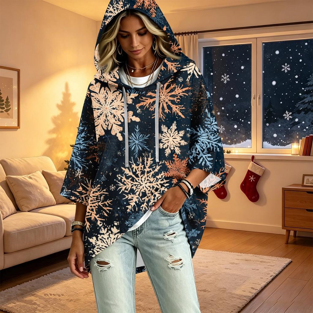 Women's 3/4 Sleeve Christmas Print Hooded Pullover Top Casual Holiday Outfit