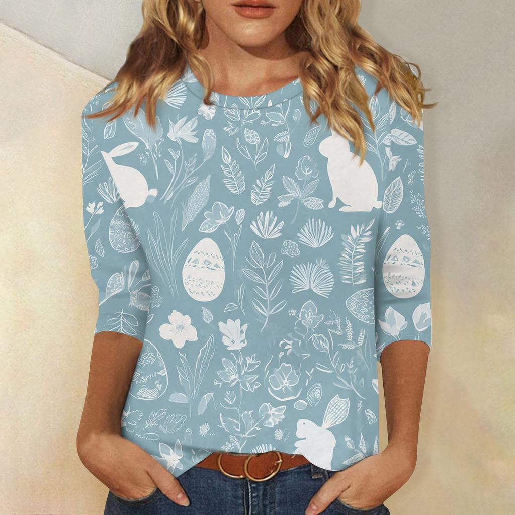Women's Fashionable Casual Easter Bunny And Egg Print Neck Three-Quarter Sleeve T-Shirt