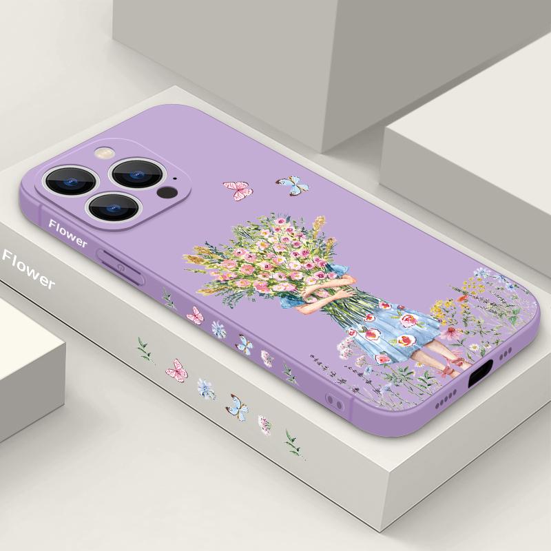 Luxury Girl Flower Lanyard Case For iPhone 15 16 17 Pro Max Soft Silicone Cover Coque For iPhone 11 12 13 14 Pro Max 16E 17 Air