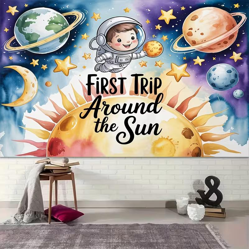 2D Watercolor Astronaut Planets Baby Boy 1st Birthday Photography Background