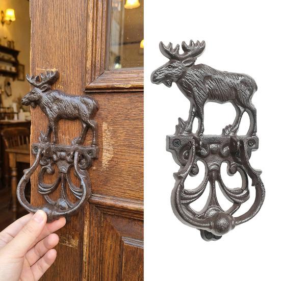 Xiaobudian Vintage Gusseisen Elch Türklopfer, Verdickte Schmiedeeisen Retro Wanddeko mit geschnitzter Basis, Vorgebohrte Löcher Zuggriff für Tor Schrank