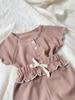 Girls' Short Sleeve Waffle T-shirt & Shorts Summer Two-piece Set