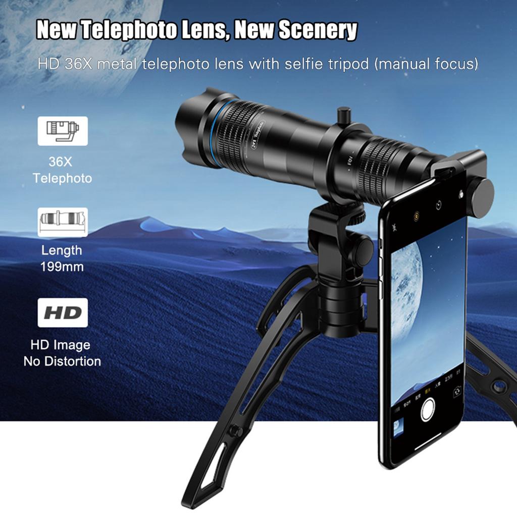 Single Tube Telescope 36X Phone Telephoto Lens with Small Tripod for Bird Watching Camping