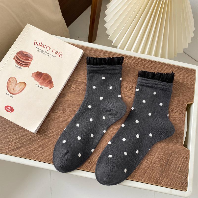 24 Autumn And Winter Mesh Lace Socks Children'S Japanese Retro Polka Dot Fashion Medium Tube Women'S Socks Short Women'S Socks
