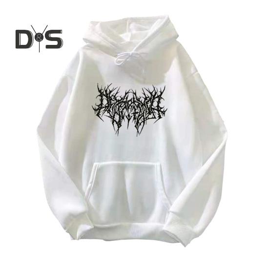 Fall Winter Unisex Hoodie Drawstring Elastic Cuff Thorn Print Thick Fleece Patch Pocket Loose Long Sleeves Pullover Warm Top