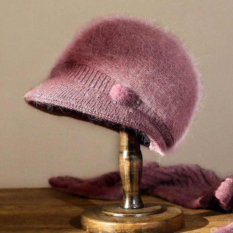 Autumn and winter women's knitted hat thickened ear protector mother warm hat rabbit hair blended wool hat go out cold