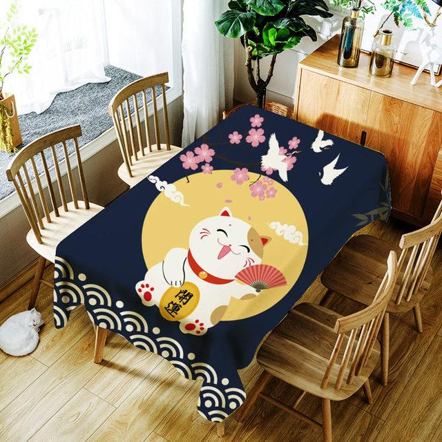 Cartoon Lucky Cat And Fish Printing Tablecloth Japanese Style Polyester Waterproof Table Cloth For Wedding Party Table Cover