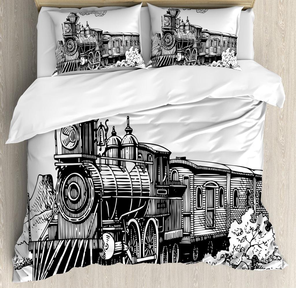 Cartoon Train Duvet Cover Set Black Trains Bedding Set Boys Teens Men Bedroom Single Double Comforter Cover Decor Quilt Covers
