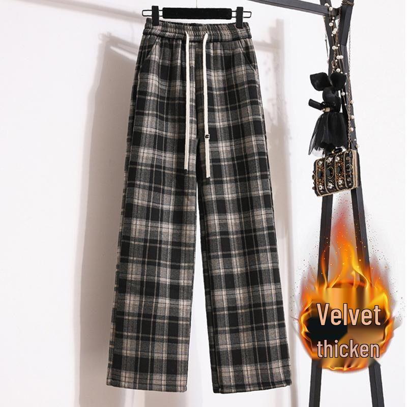 Plus Size High-Waisted Plaid Wide-Leg Pants: Fleece-Lined or Unlined, Autumn/Winter Edition