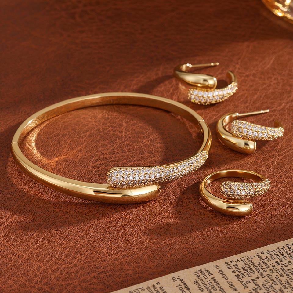 ZAKOL 3Pcs/Set Micro-inlaid Zircon Water Drop Open Bracelet Ring Earrings Set for Women Luxury Wedding Party Zircon Sets