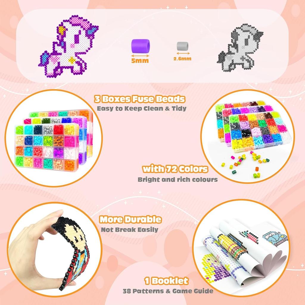 Fuse Beads Kit - 72 Colors 5mm Fuse Beads Set with Pegboards, Ironing Papers and Accessories, Fuse Beads 3 Boxes, DIY Craft Kits for Kids, Arts and