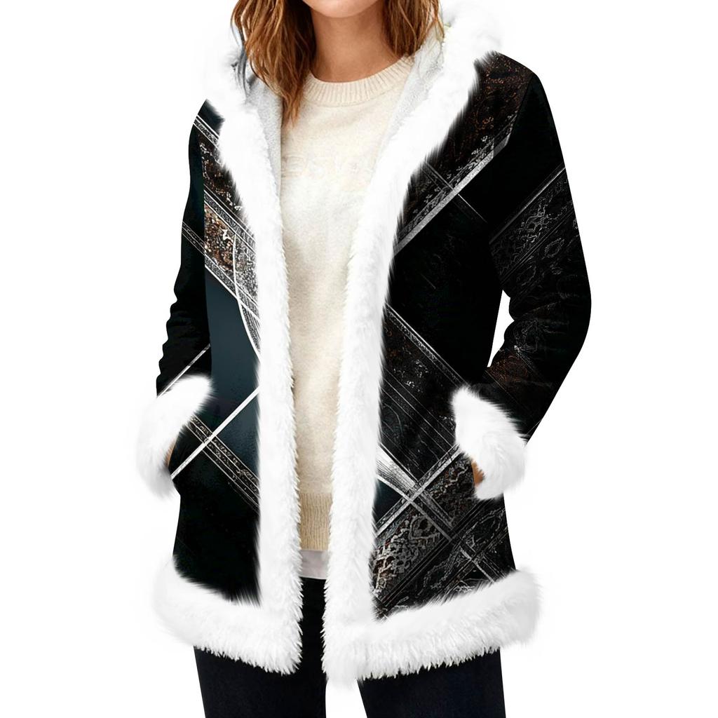 Lässiger Damen-Fleece-Kapuzen-Cardigan mit Taschen Warme Oberbekleidung