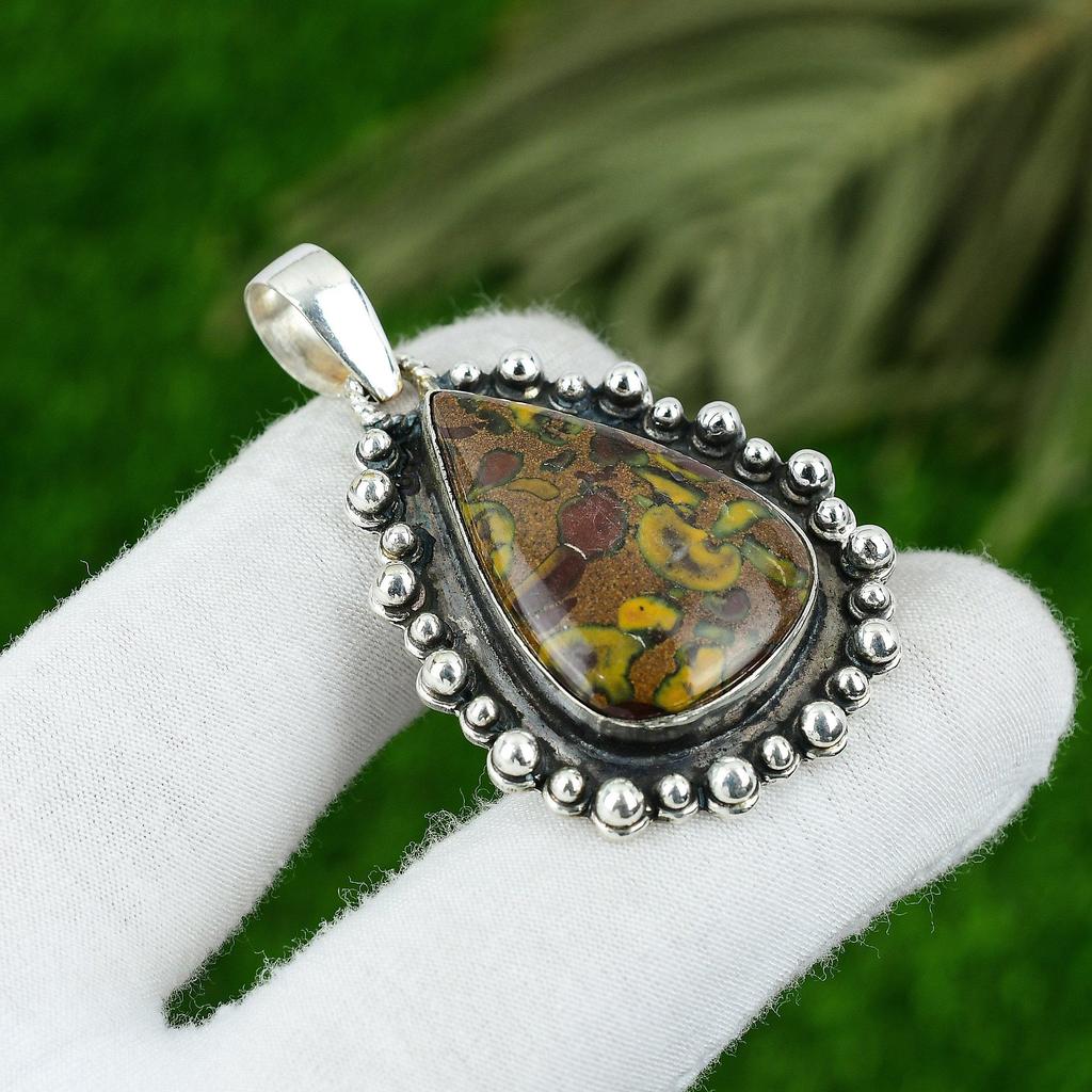 Pear Fruit Jasper Gemstone Unique Wedding Bezel Pendant Jewelry Sterling Silver