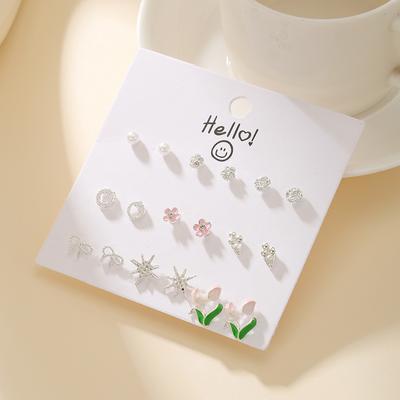 Premium 9-Pair Stud Earring Set Daily Princess Style Heart Flower Alloy Earrings for Women Ships Within 18 Hours