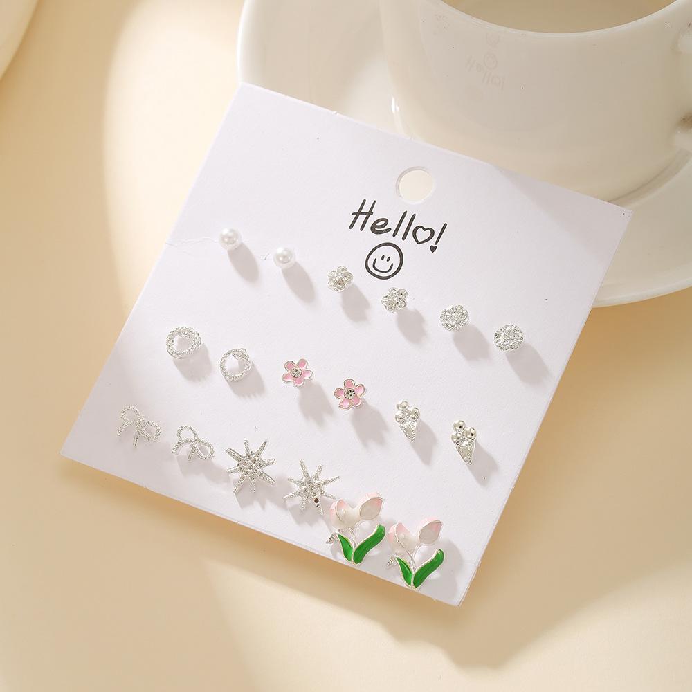 Premium 9-Pair Stud Earring Set Daily Princess Style Heart Flower Alloy Earrings for Women Ships within 18 Hours