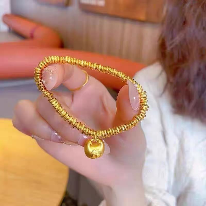 

Браслет из желтого золота в виде слитка с благословением богатства, изысканное переплетение, женский золотой браслет «туо-туо», легкая роскошь, высококлассные ретро-украшения