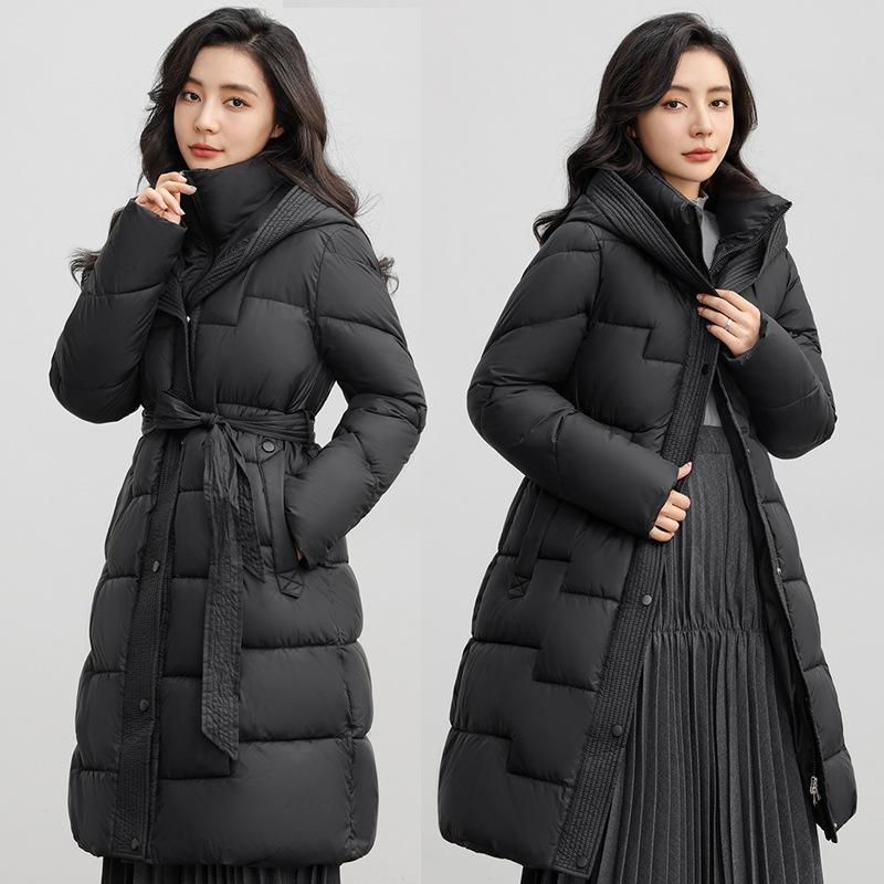 Over-knee Cotton Clothes Women's Medium and Long Winter New Fashion Waist Strap-up Thin Warm Jacket Temperament Solid Color Cold-proof Clothes