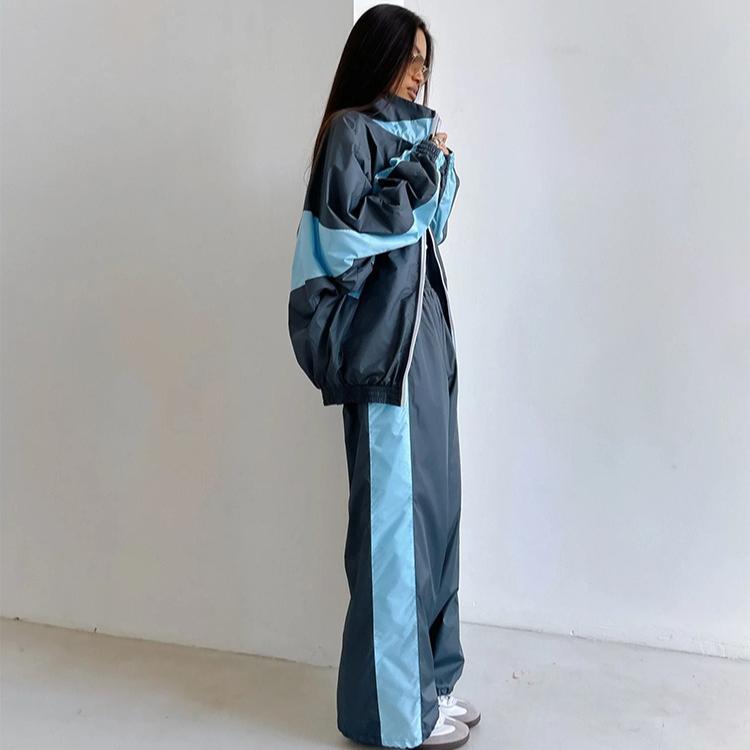 FLARORA Mode Color-Blocking 2-teilige Sets Damen Langarm Reißverschluss Lockere Jacken und Gerade Bein Hosen Outfits Street Trainingsanzüge