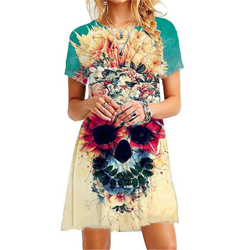 Schädel Halloween Frau Kleid Party 3D Druck Kleider Für Sommer Frauen Kurzarm Übergroßen Lose Kleid Damen Kleidung