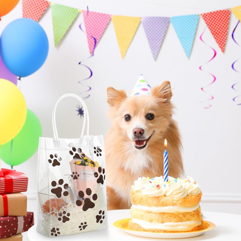 Shinylin 22 Pcs Dog Paw Clear PVC Gift Bags with Handle Dog Claws Plastic Wrap Tote Bags Reusable Transparent Dog Treat Bags for Birthday Wedding