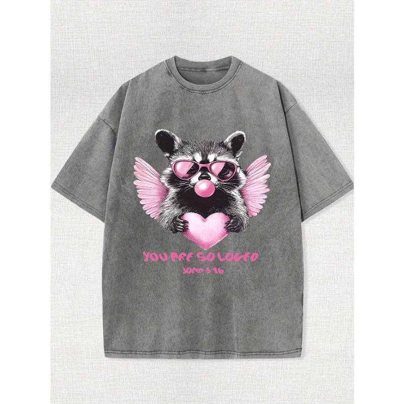 Men's Vintage Washed Cotton T-Shirt - Casual Loose Fit, Round Neck, Short Sleeve with Unique Raccoon Print and Heart Detail