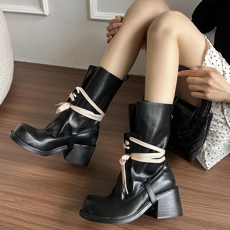 Autumn Winter Round Toe Women Mid Calf Boots Fashion Slip On Square Heels Shoes Female Modern Booties