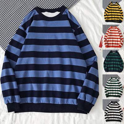 Men's Autumn Winter Round Neck Stripe Sweatshirt Pullover Tops Long Sleeved