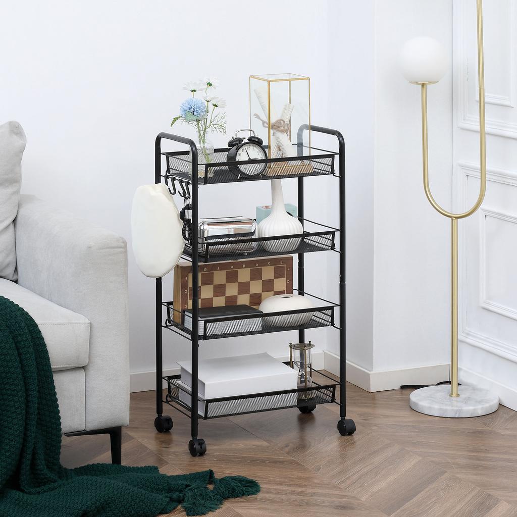 Rolling Cart with 4 Hanging Baskets, Serving Cart On Casters, Mobile, Removable Hooks, Steel, 45 X 26.5 X 84 Cm, Black
