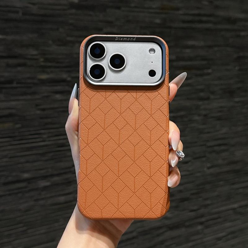 Diamond Grid PU Leather For Magsafe Case For iPhone 17 16 15 14 13 Pro Max Air Metal Lens Heightening Anti-drop Protector Cover
