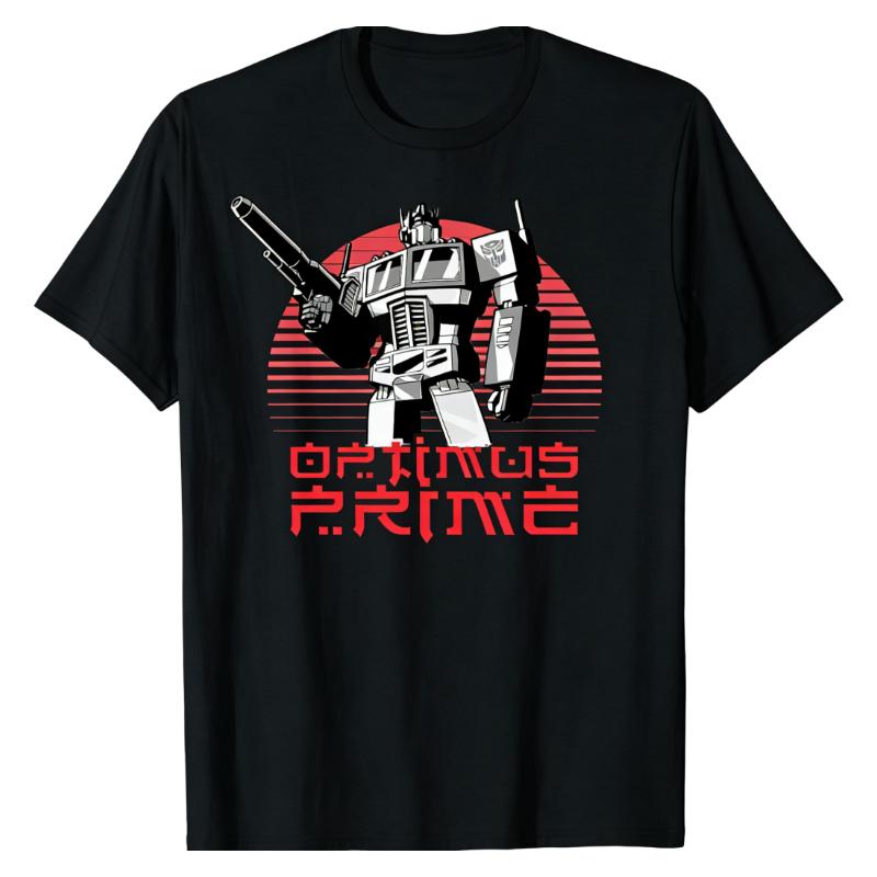 

Retro Sunburst TShirt Transformers Optimus Prime Futuristic Font Graphic Print Crew Neck Cotton Trendy High Street Fashion Tops 2XL