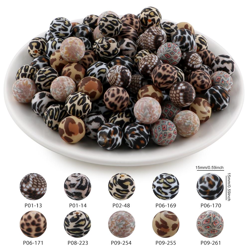 20Pcs/Bag 15MM Printed Silicone Beads Mixed For DIY Jewelry, Bracelets, Keychains, Etc