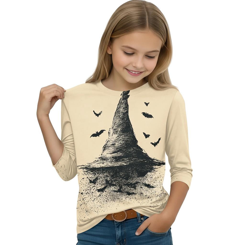 Kids Halloween Printed T-Shirt with Pumpkin Witch Design, 7/8 Sleeve Round Neck Top for Daily Wear