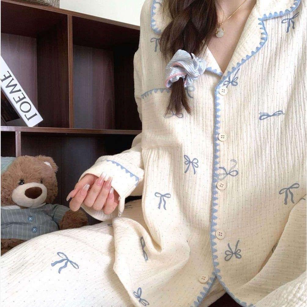 

Spring and autumn pajamas women s new Korean version of cloud cotton small lapel casual cartoon long-sleeved trousers loungewear set M