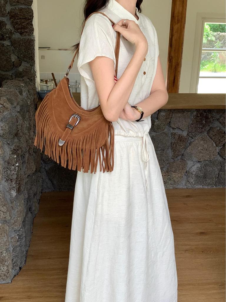 Vintage Suede Tassel Single-Shoulder Bag