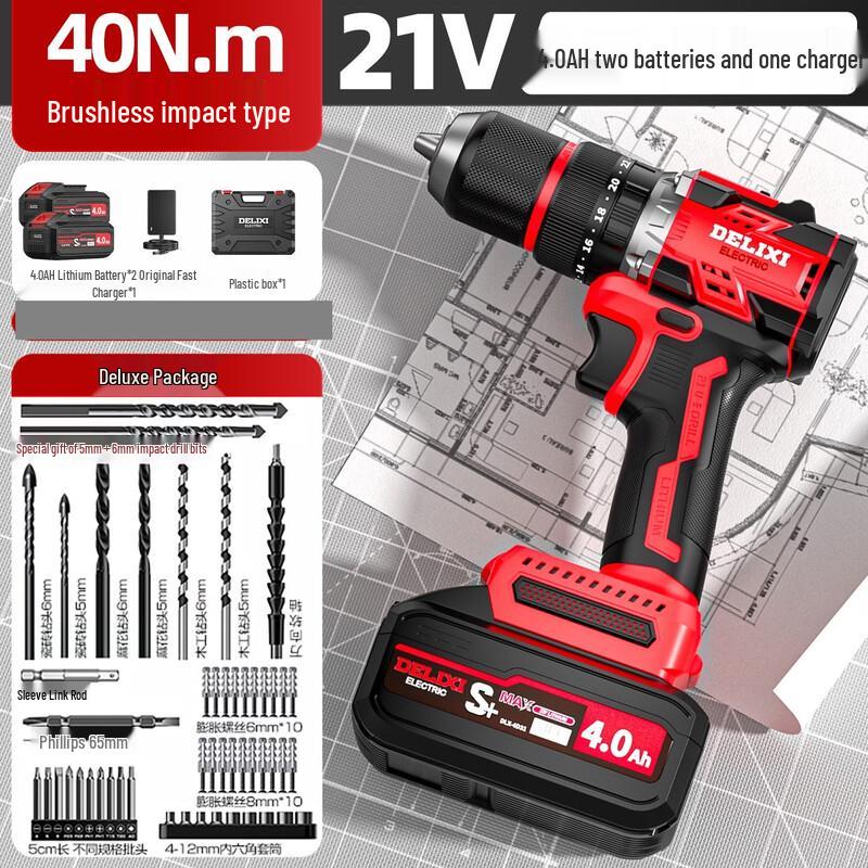DELIXI Lithium-ion Brushless Cordless Drill/Driver CN Plug (adapter Included)