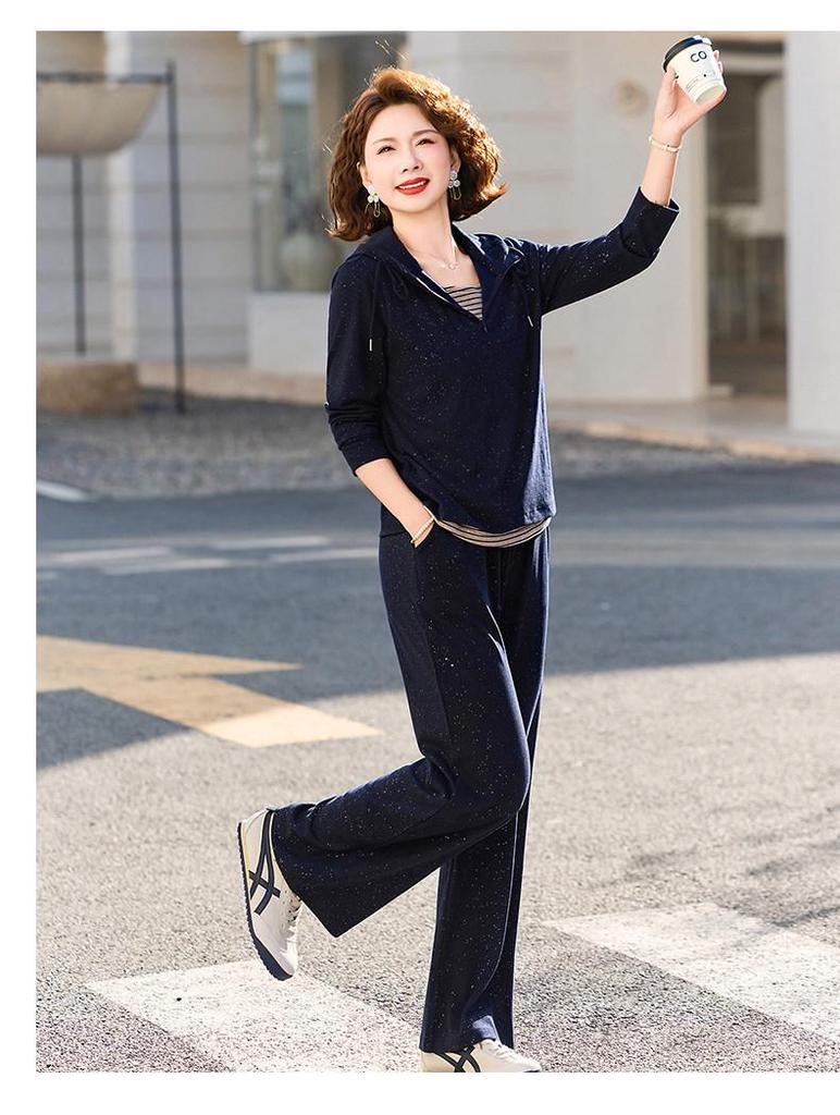 Elegant Spring Suit: Hoodie and Wide-Leg Trousers Set for Petite and Middle-Aged Women