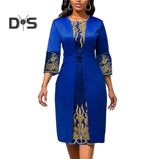 Frauen Retro Taille Eng Slim Fit Kleid O Neck 3/4 Hülse Stickerei Floral Spitze Nähte Kleid Kleid Streetwear