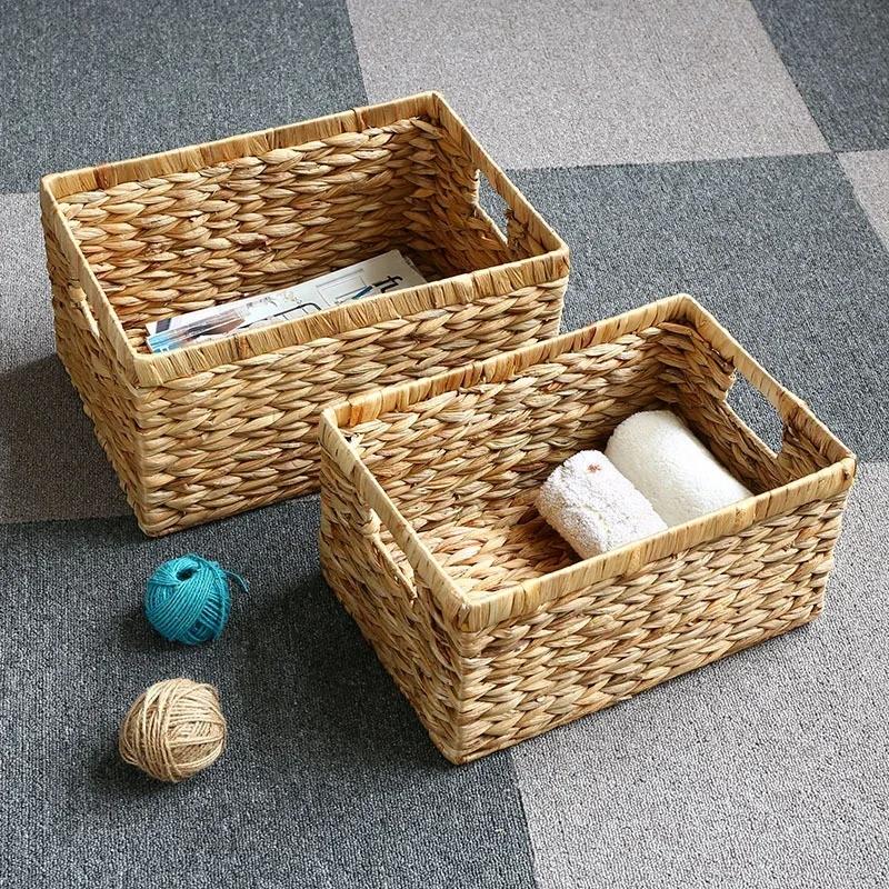 Woven Storage Box with Handle Kitchen Sundry Organizer Laundry Basket Rectangular Closet Organizer Kitchen Organizer Picnic Bask