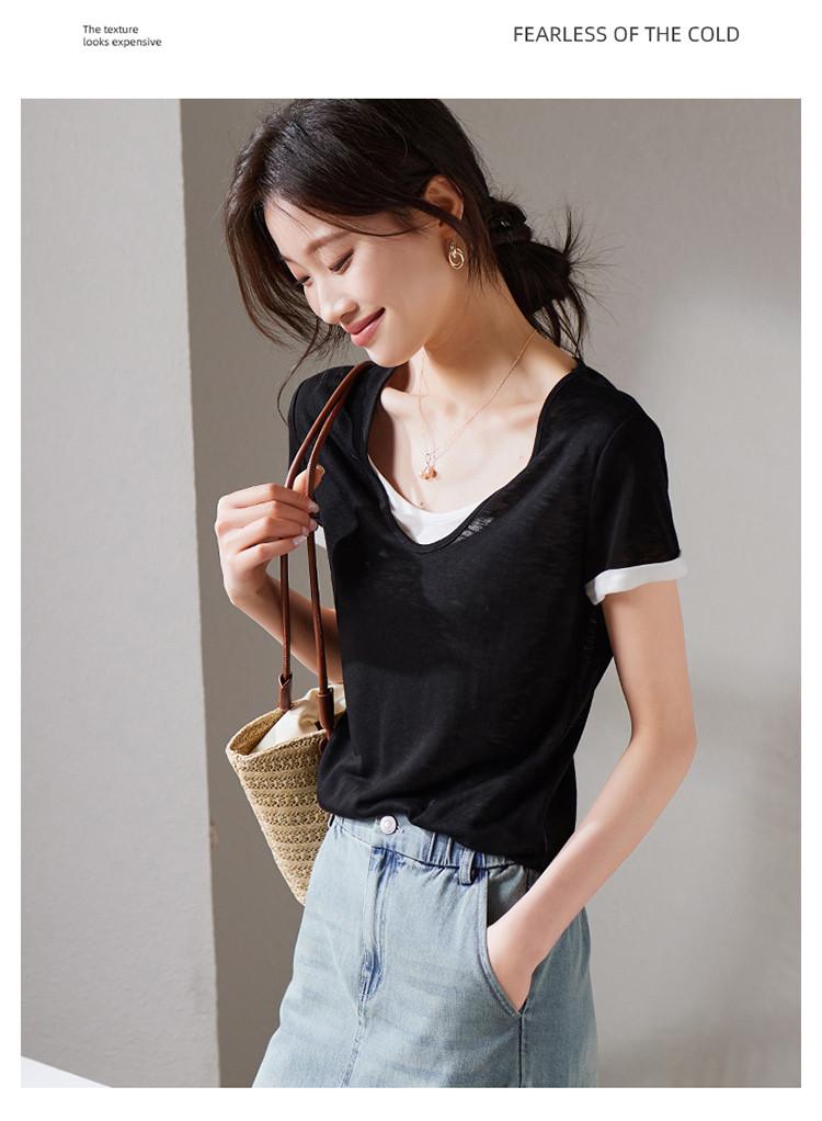 Color Blocking Fake Two Round Neck Short Sleeved T-shirt for Women In Summer 2026, Versatile and Slimming Casual Top
