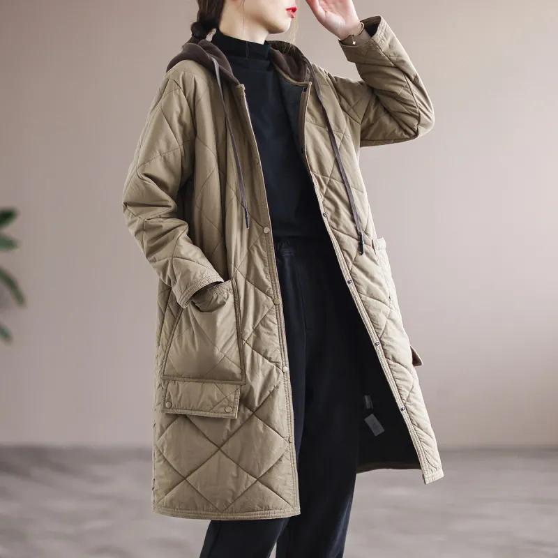 Diamond-shaped Plaid Cotton Hooded Coat Loose Casual Mid-length Cotton Jacket Warm and Windproof All-match Women's Cotton Jacket