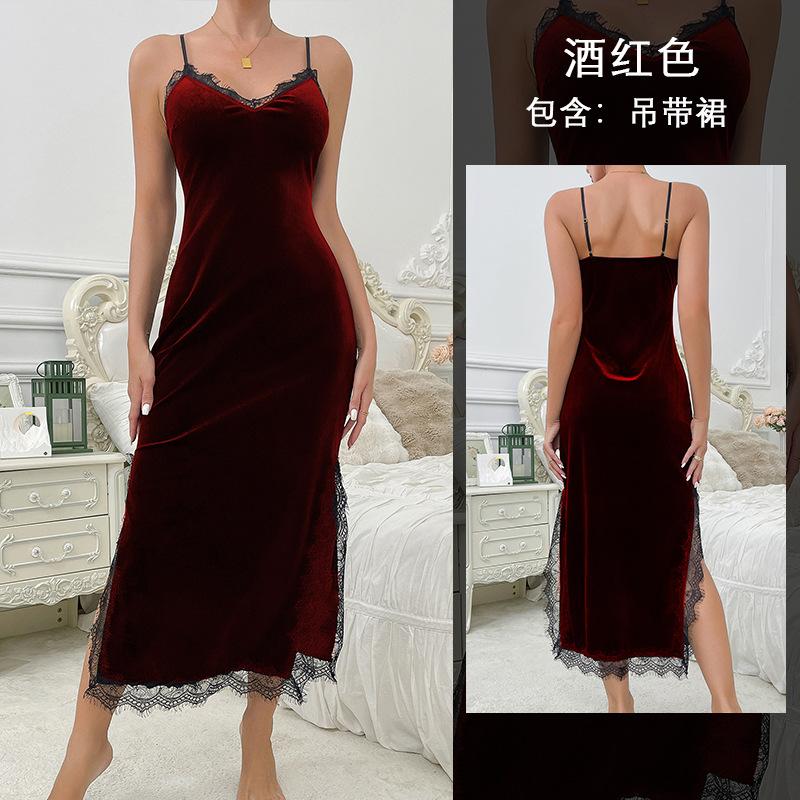 

Сексуальная пижама с глубоким v-образным вырезом женская длинная ночная рубашка на подтяжках бархатное кружево соблазнительная спинка L
