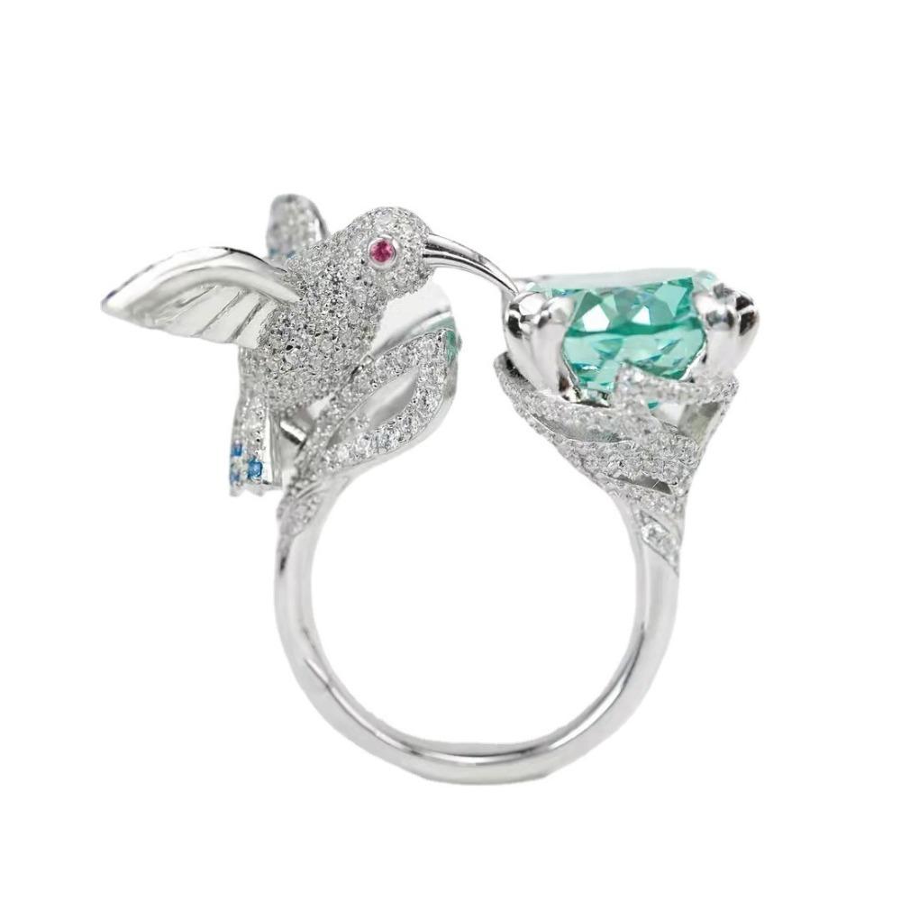 Luxury Open Ring Santa Maria Aquamarine Hummingbird with Simulated Diamonds Fashion Jewelry for Women adjustable