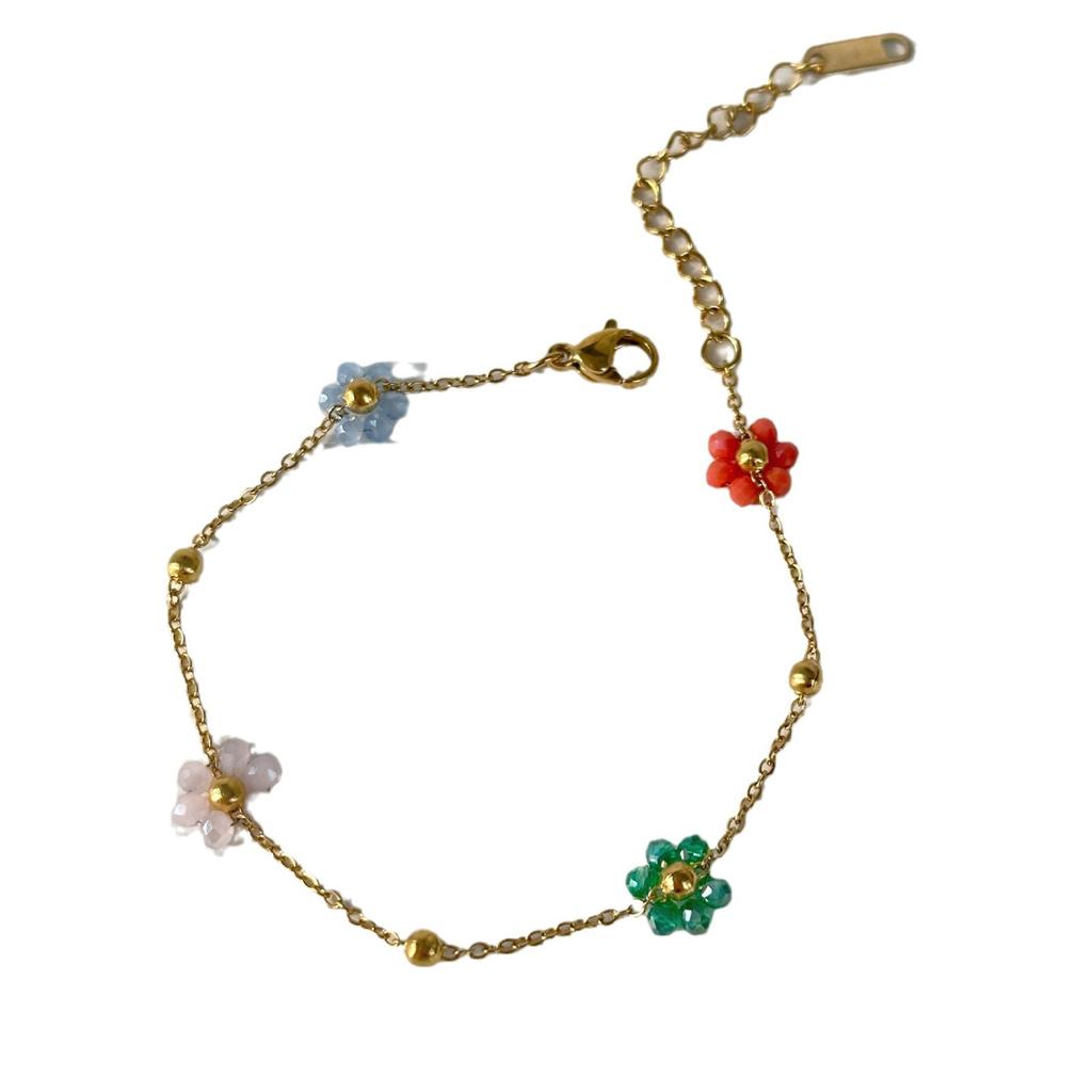 Fashion Stainless Steel Natural Stone Trendy Colorful pink Flower Necklace Anklet Jewelry Set